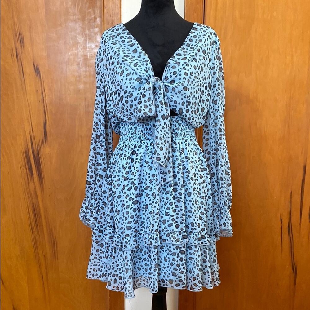 PrettyGarden Blue Animal Print Tie Front Sundress Long Bishop Sleeves Tiered